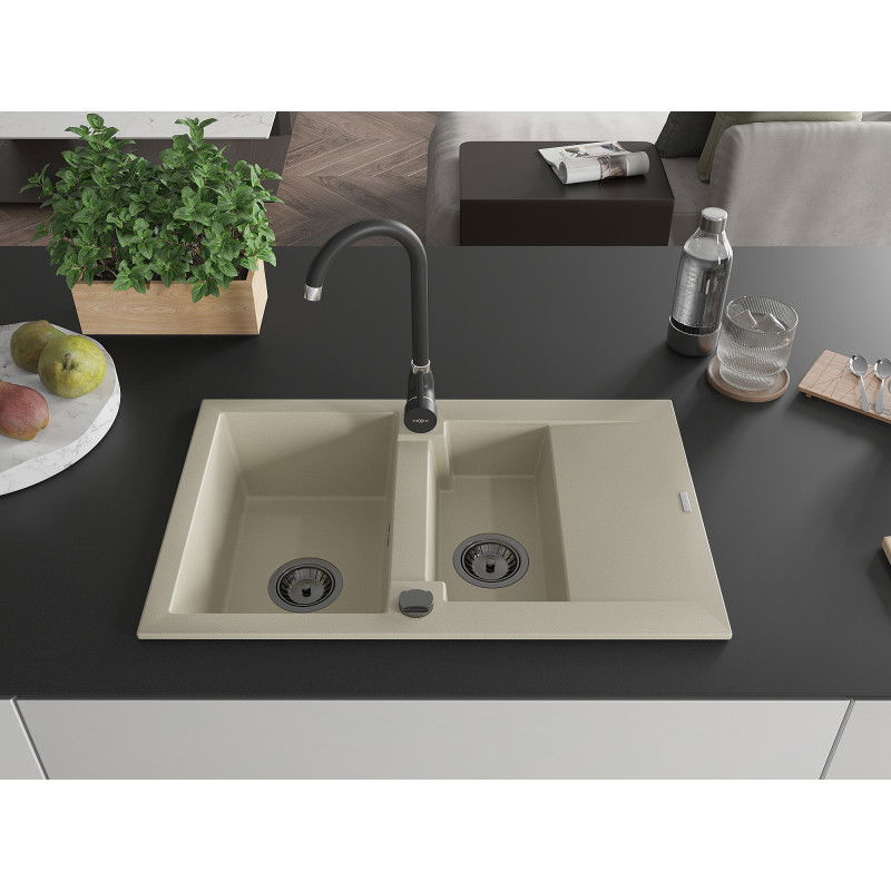Mexen Gaspar lavello in granito 1,5 vasca con scolapiatti 737 x 475 mm, beige, sifone nero - 6507731505-69-B