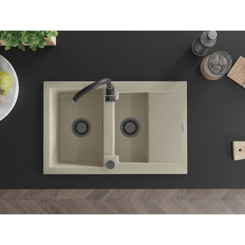 Mexen Gaspar Granitspüle 1,5-beckig mit Abtropffläche 737 x 475 mm, beige, schwarzer Siphon - 6507731505-69-B