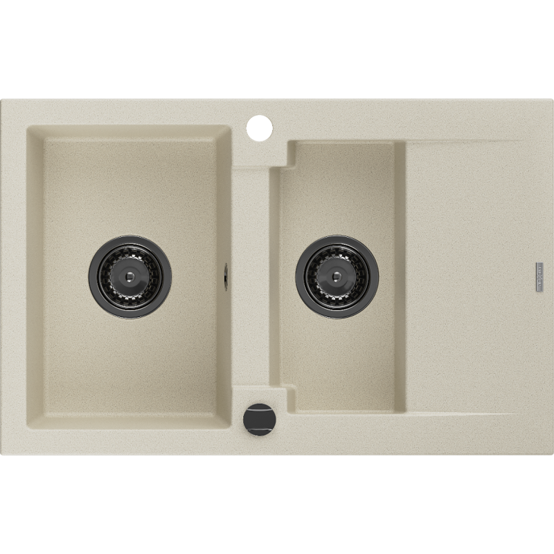 Mexen Gaspar 1,5-komorige granieten spoelbak met afdruiprek 737 x 475 mm, beige, zwarte sifon - 6507731505-69-B