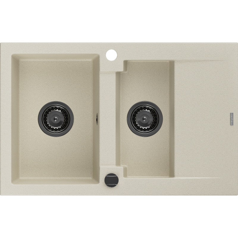 Mexen Gaspar fregadero de granito de 1,5 senos con escurridor de 737 x 475 mm, beige, sifón negro - 6507731505-69-B