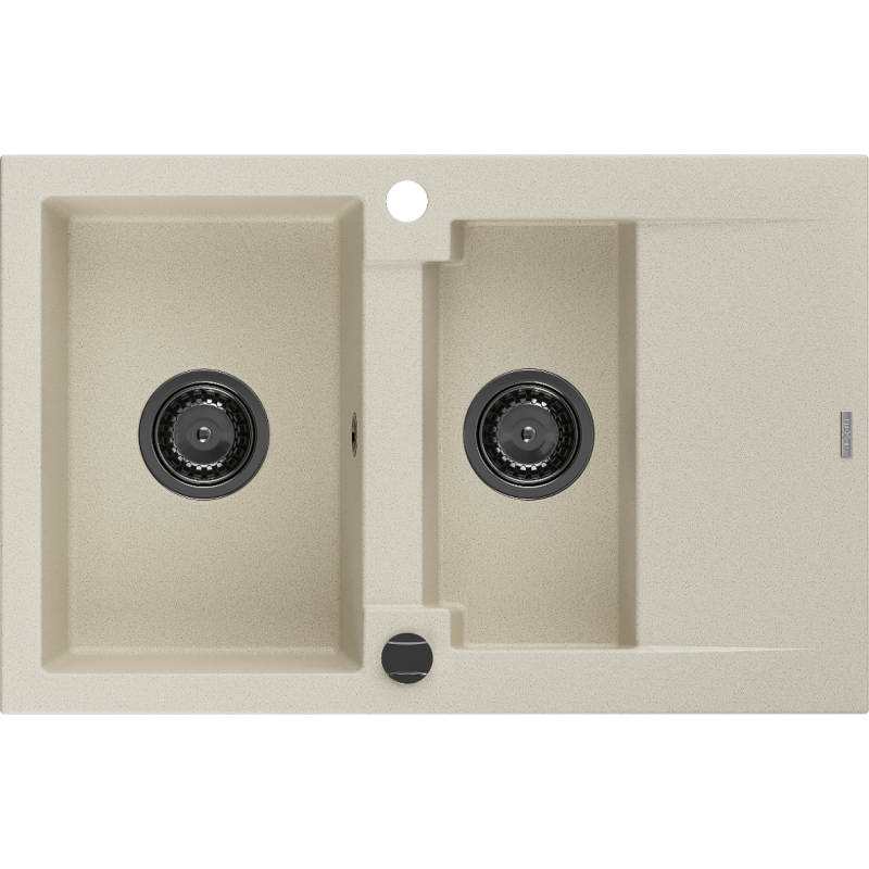 Mexen Gaspar granite sink 1.5-bowl with drainer 737 x 475 mm, beige, black siphon - 6507731505-69-B