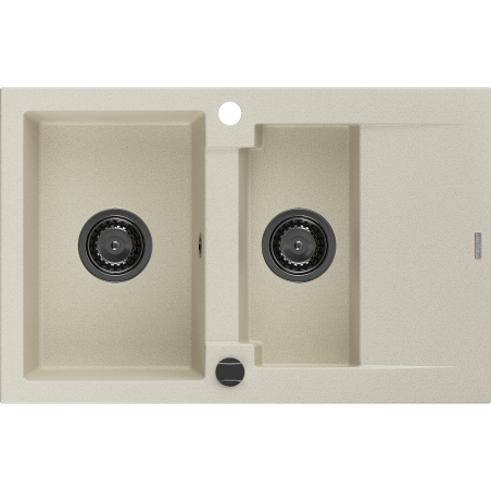 Mexen Gaspar granieten gootsteen 1,5-kamerig met afdruiprek 737 x 475 mm, beige, zwarte sifon - 6507731505-69-B