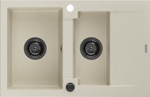 Mexen Gaspar granieten gootsteen 1,5-kamerig met afdruiprek 737 x 475 mm, beige, zwarte sifon - 6507731505-69-B