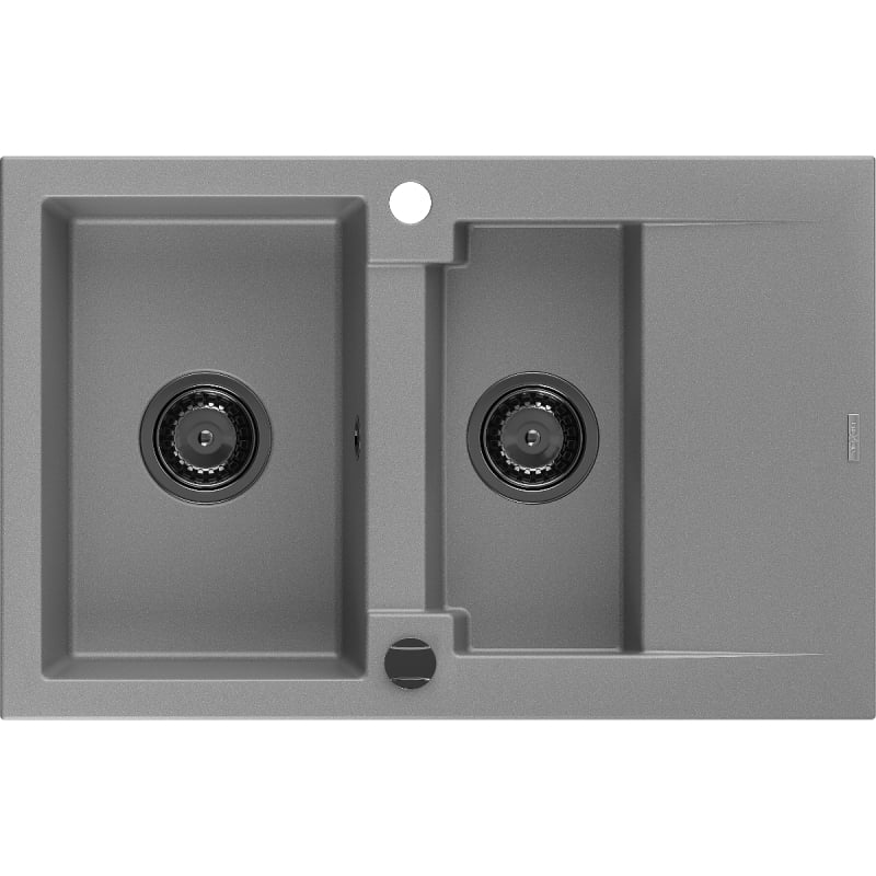 Mexen Gaspar 1,5-komorige granieten spoelbak met afdruiprek 737 x 475 mm, grijs, zwart sifon - 6507731505-71-B