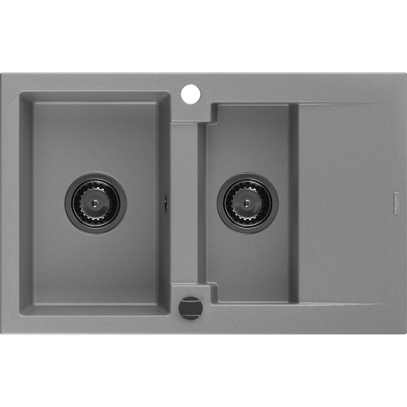 Mexen Gaspar fregadero de granito de 1,5 senos con escurridor 737 x 475 mm, gris, sifón negro - 6507731505-71-B