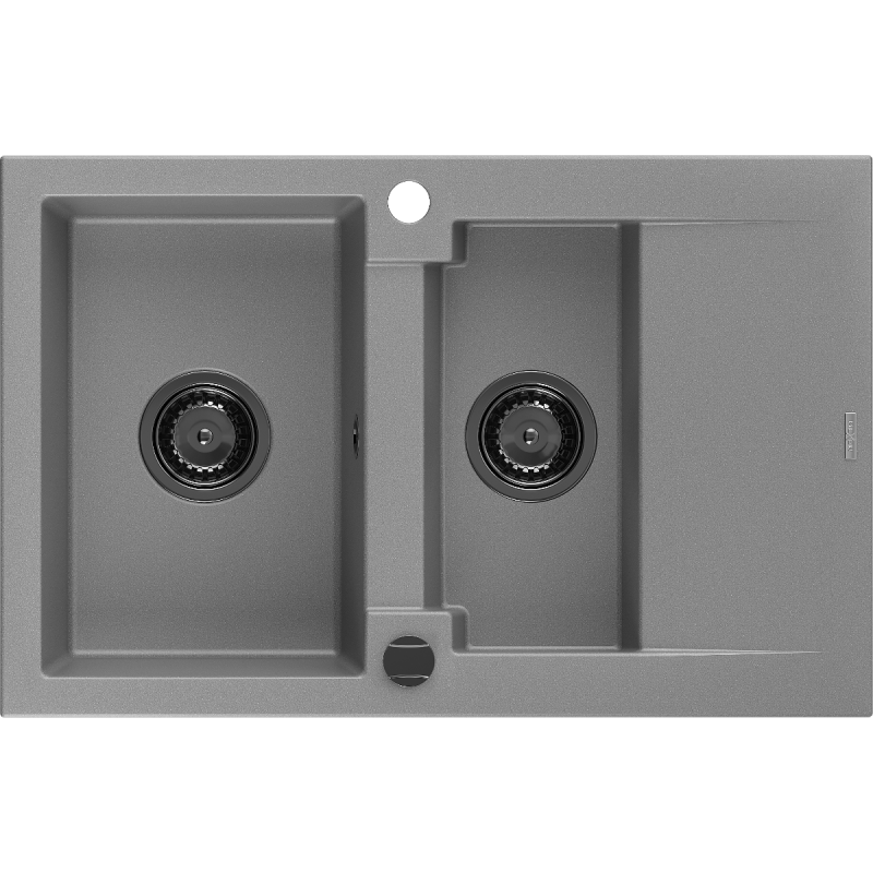 Mexen Gaspar granieten spoelbak 1,5-komorige met afdruiprek 737 x 475 mm, grijs, zwarte sifon - 6507731505-71-B