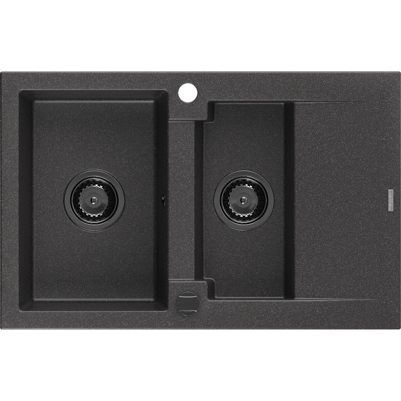 Mexen Gaspar lavello in granito 1,5 vasche con sgocciolatoio 737 x 475 mm, nero punteggiato, sifone nero - 6507731505-76-B