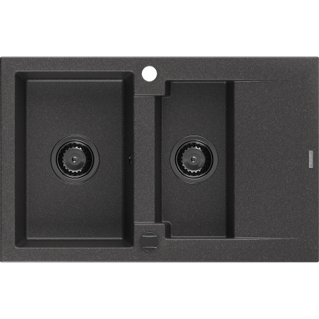Mexen Gaspar Granitspüle 1,5-beckig mit Abtropffläche 737 x 475 mm, schwarz gesprenkelt, schwarzer Siphon - 6507731505-76-B