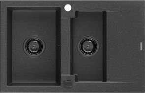 Mexen Gaspar granieten gootsteen 1,5-kamer met afdruiprek 737 x 475 mm, zwart gespikkeld, zwarte sifon - 6507731505-76-B
