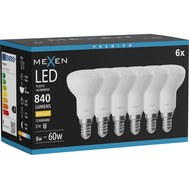 Mexen Nova 6x Bombilla LED E14, R50, 8W, Cálida - 3000K, 840 lm - L103-E14-0830-01x06