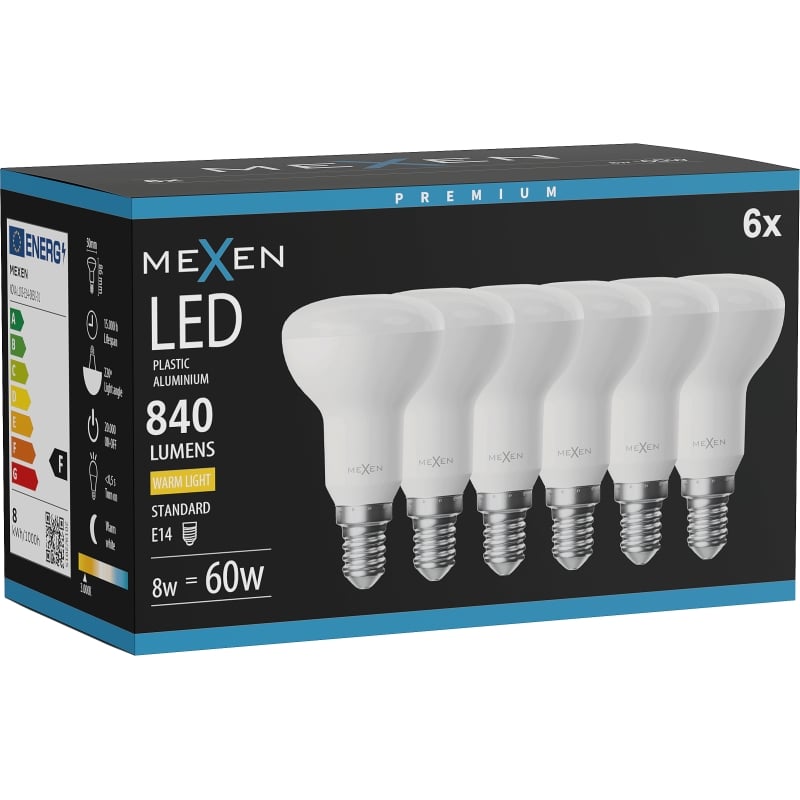 Mexen Nova 6x LED-lampa E14, R50, 8W, Varm - 3000K, 840 lm - L103-E14-0830-01x06
