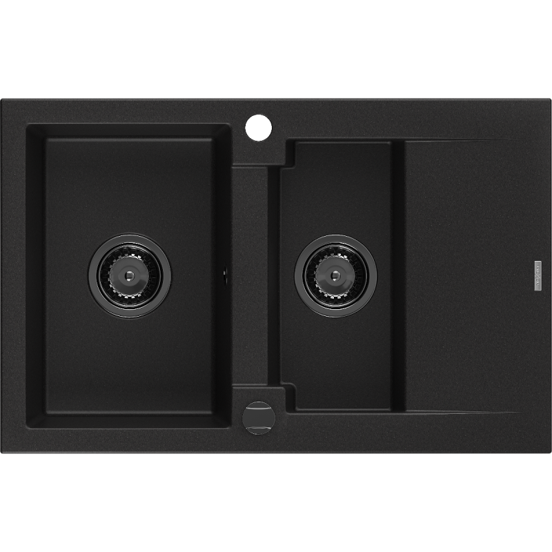 Mexen Gaspar évier en granit 1,5 bac avec égouttoir 737 x 475 mm, noir, siphon noir - 6507731505-77-B