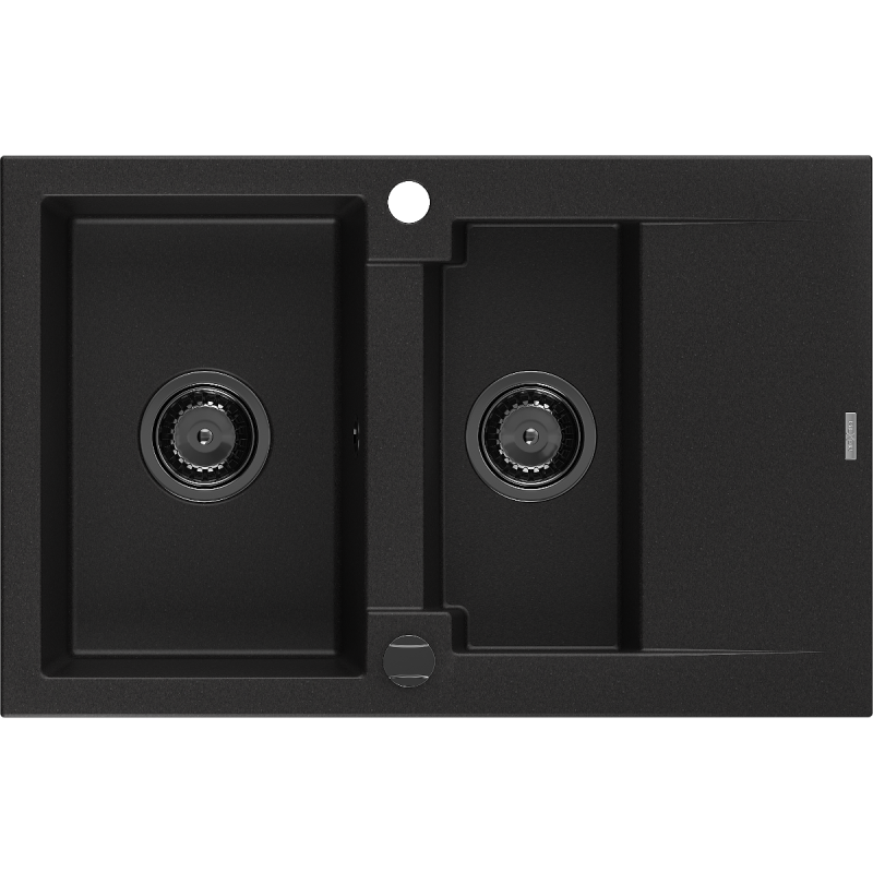 Mexen Gaspar fregadero de granito 1,5 compartimentos con escurridor 737 x 475 mm, negro, sifón negro - 6507731505-77-B