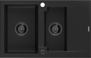 Mexen Gaspar lavello in granito 1,5 vasche con sgocciolatoio 737 x 475 mm, nero, sifone nero - 6507731505-77-B