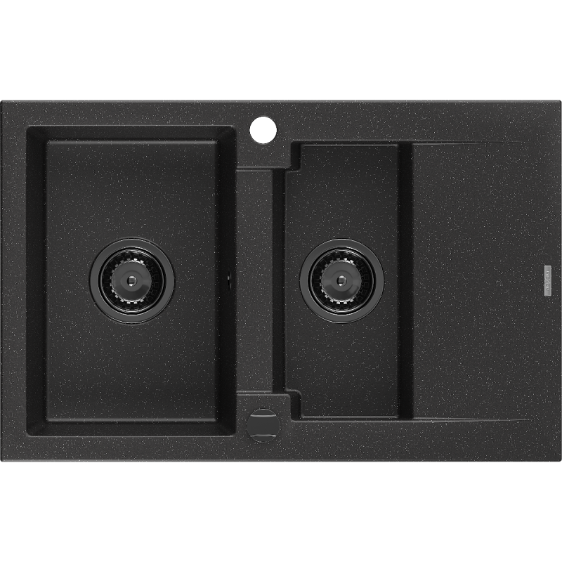 Mexen Gaspar granite sink 1.5-bowl with drainer 737 x 475 mm black/silver metallic, black siphon - 6507731505-73-B