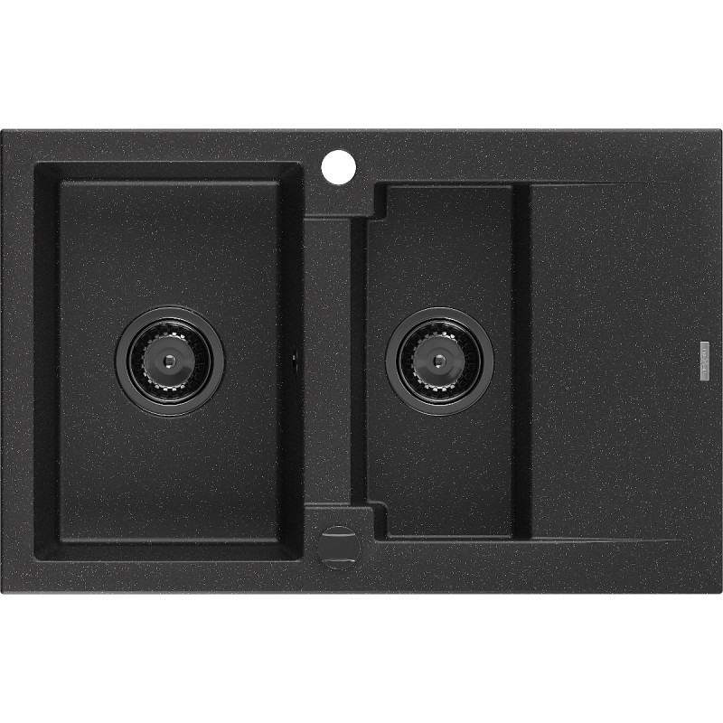 Mexen Gaspar zlewozmywak granitowy 1,5-komorowy z ociekaczem 737 x 475 mm czarny/srebrny metalik, syfon czarny - 6507731505-73-B
