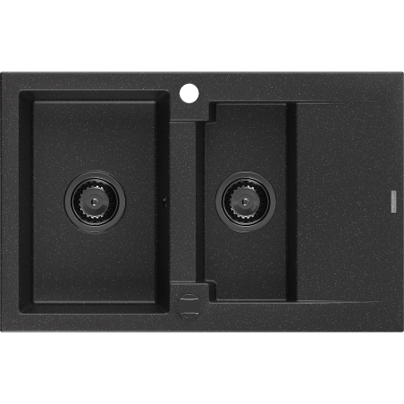 Mexen Gaspar granite sink 1.5-bowl with drainer 737 x 475 mm black/silver metallic, black siphon - 6507731505-73-B