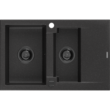 Mexen Gaspar granitno korito 1,5-komorno z odcejalnikom 737 x 475 mm črno/srebrni metalik, črni sifon - 6507731505-73-B