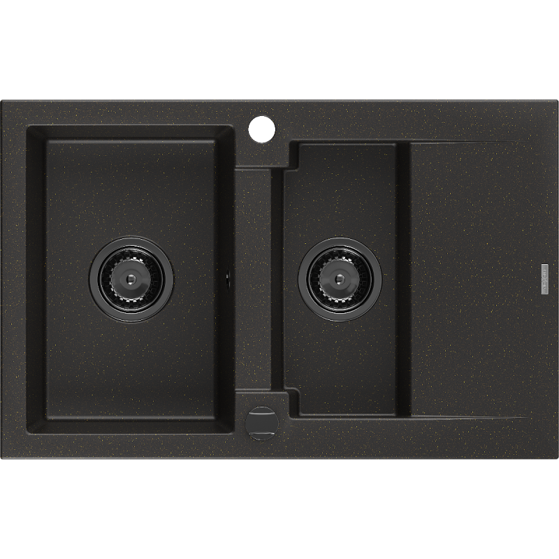 Mexen Gaspar fregadero de granito de 1,5 senos con escurridor 737 x 475 mm, negro/dorado metálico, sifón negro