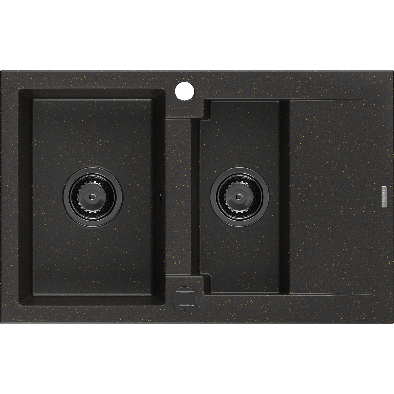 Mexen Gaspar fregadero de granito de 1,5 senos con escurridor 737 x 475 mm, negro/oro metálico, sifón negro - 6507731505-75-B