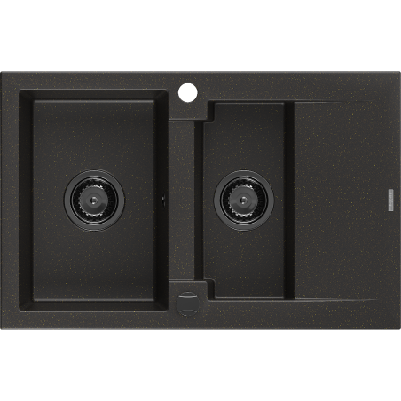 Mexen Gaspar granite sink 1.5-bowl with drainer 737 x 475 mm, black/gold metallic, black siphon - 6507731505-75-B