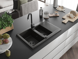 Mexen Gaspar Granitspüle, 1,5-Becken mit Abtropffläche, 737 x 475 mm, schwarz/gold metallic, schwarzer Siphon - 6507731505-75-B