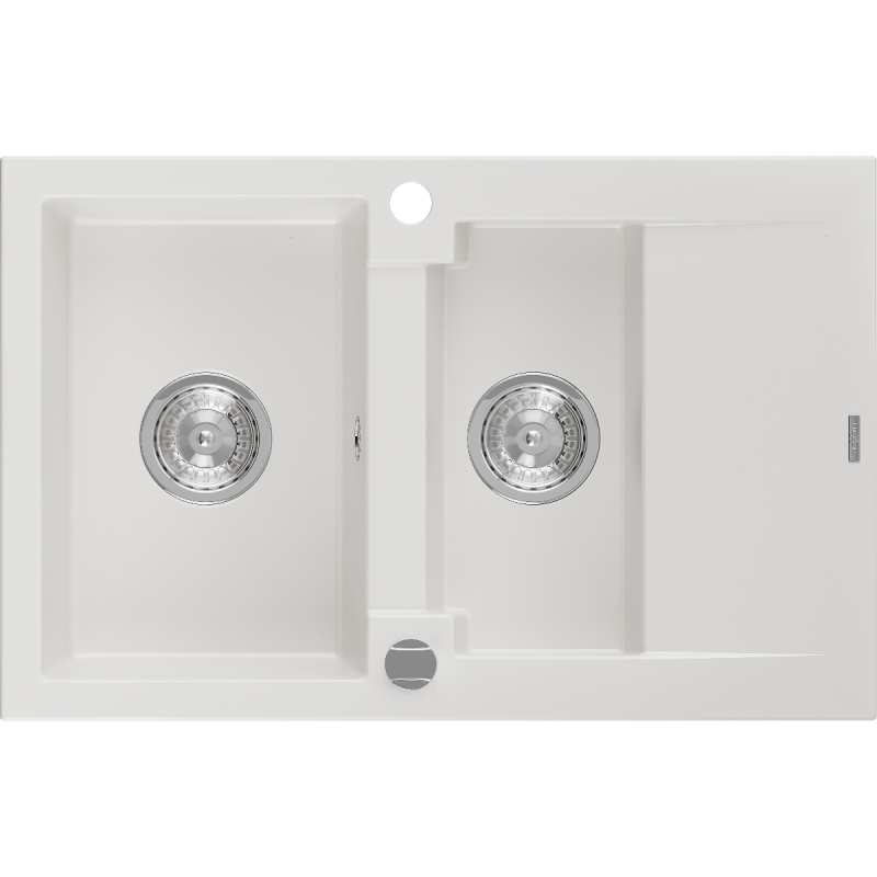 Mexen Gaspar granite sink 1.5-bowl with drainer 737 x 475 mm, white, chrome siphon - 6507731505-20