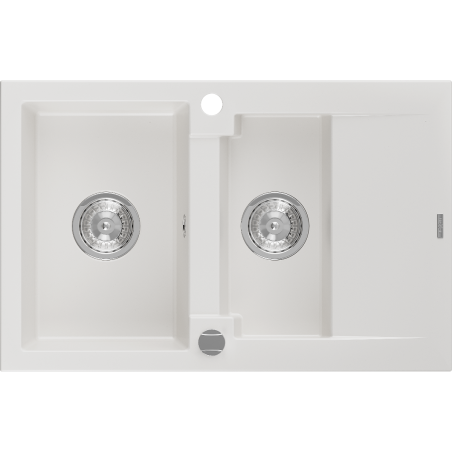 Mexen Gaspar granieten gootsteen met 1,5 bak en afdruiprek 737 x 475 mm, wit, chroom sifon - 6507731505-20
