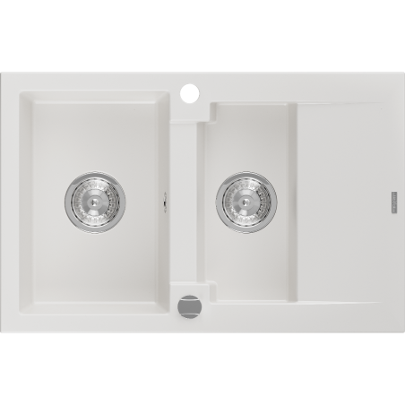 Mexen Gaspar granite sink 1.5-bowl with drainer 737 x 475 mm, white, chrome siphon - 6507731505-20