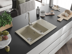 Mexen Gaspar Granitspüle 1,5-Becken mit Abtropffläche 737 x 475 mm, beige, Siphon chrom - 6507731505-69