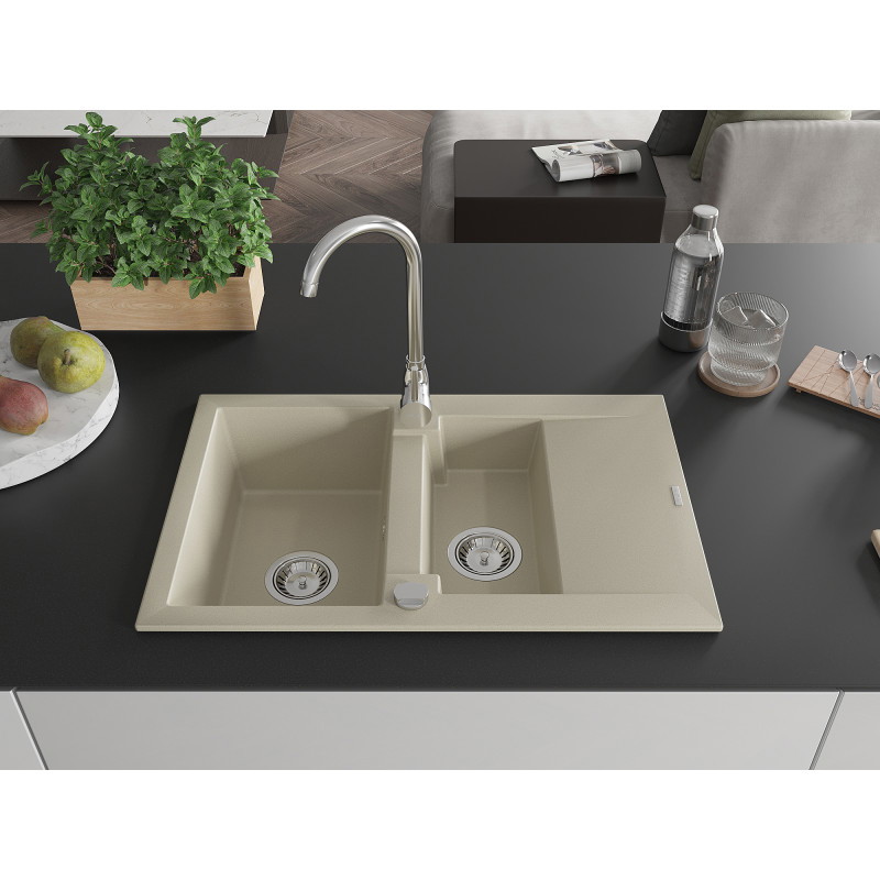 Mexen Gaspar 1,5-vaks granieten gootsteen met afdruiprek 737 x 475 mm, beige, met chromen sifon - 6507731505-69