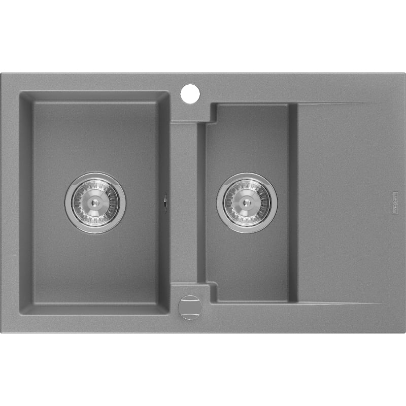 Mexen Gaspar granite sink 1.5-bowl with drainer 737 x 475 mm, gray, chrome siphon - 6507731505-71