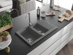 Mexen Gaspar granite sink 1.5-bowl with drainer 737 x 475 mm, gray, chrome siphon - 6507731505-71