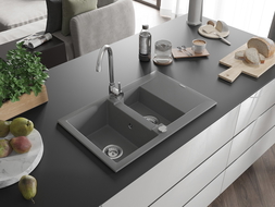 Mexen Gaspar Granitspüle 1,5-Becken mit Abtropffläche 737 x 475 mm, grau, Siphon Chrom - 6507731505-71