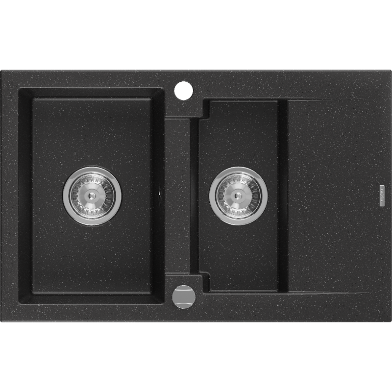 Mexen Gaspar granite sink 1.5-bowl with drainer 737 x 475 mm, black/silver metallic, chrome siphon - 6507731505-73