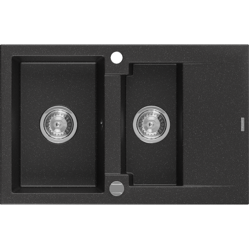 Mexen Gaspar Granitspüle 1,5-Zoll mit Abtropffläche 737 x 475 mm, schwarz/silberner Metallic, Siphon Chrom - 6507731505-73
