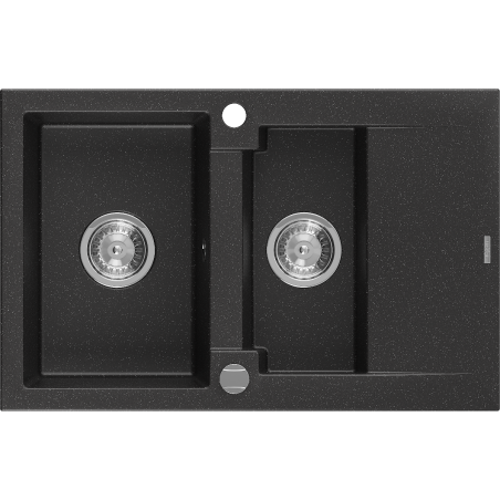 Mexen Gaspar granieten gootsteen 1,5-kamer met afdruiprek 737 x 475 mm, zwart/zilver metallic, chrom sifon - 6507731505-73