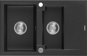Mexen Gaspar Granitspüle 1,5-Zoll mit Abtropffläche 737 x 475 mm, schwarz/silberner Metallic, Siphon Chrom - 6507731505-73