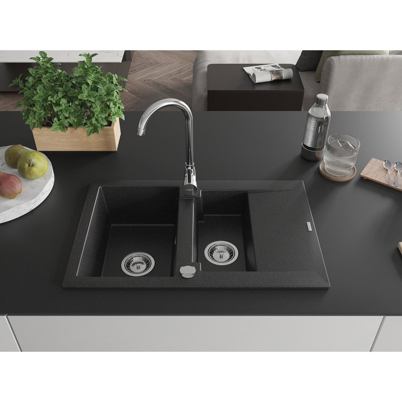 Mexen Gaspar granite sink 1.5-bowl with drainer 737 x 475 mm, black/silver metallic, chrome siphon - 6507731505-73