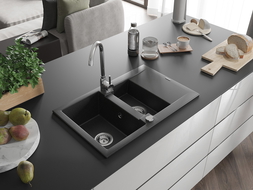 Mexen Gaspar Granitspüle 1,5-Zoll mit Abtropffläche 737 x 475 mm, schwarz/silberner Metallic, Siphon Chrom - 6507731505-73