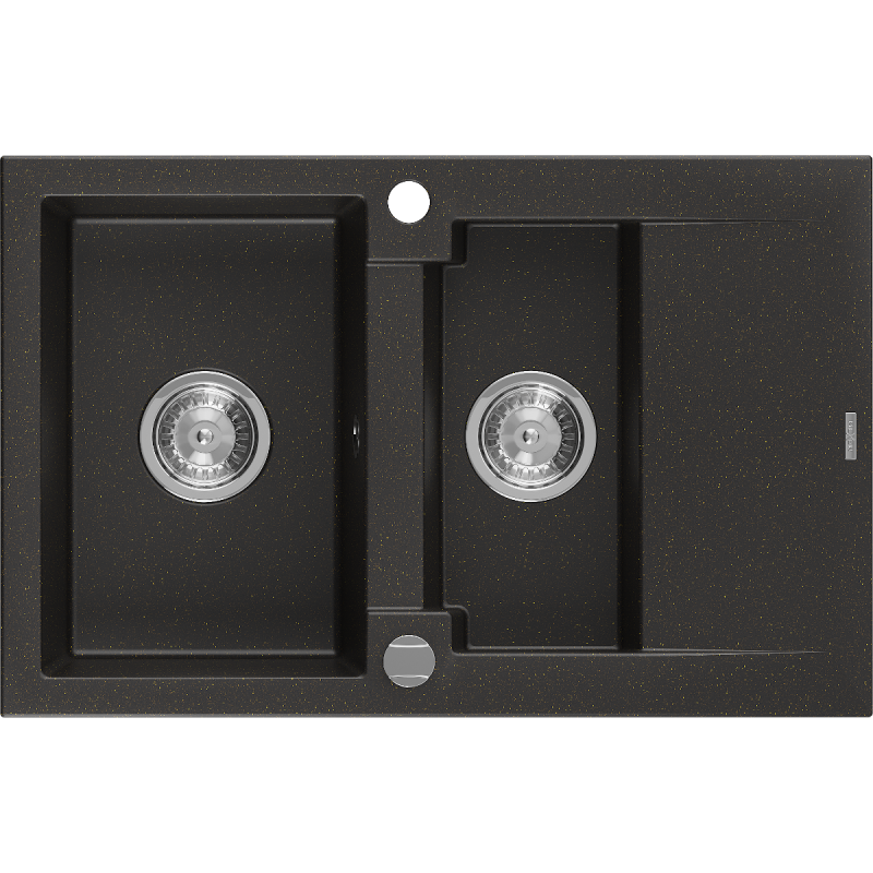 Mexen Gaspar Granitspüle 1,5-Kammern mit Abtropffläche 737 x 475 mm, schwarz/gold metallic, Syphon chrom - 6507731505-75