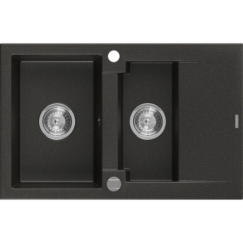 Mexen Gaspar lavello in granito a 1,5 vasche con sgocciolatoio 737 x 475 mm, nero/oro metallizzato, sifone cromato