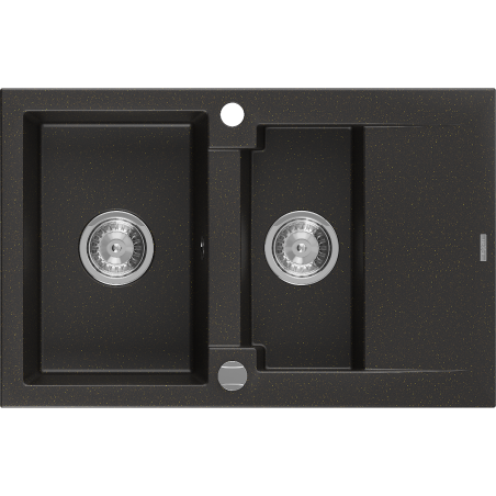 Mexen Gaspar fregadero de granito 1,5 tazones con escurridor 737 x 475 mm, negro/dorado metálico, sifón cromo - 6507731505-75