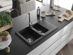 Mexen Gaspar Granitspüle 1,5-Kammern mit Abtropffläche 737 x 475 mm, schwarz/gold metallic, Syphon chrom - 6507731505-75