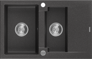 Mexen Gaspar Granitspüle 1,5-Becken mit Abtropffläche 737 x 475 mm, schwarz gesprenkelt, Siphon Chrom - 6507731505-76