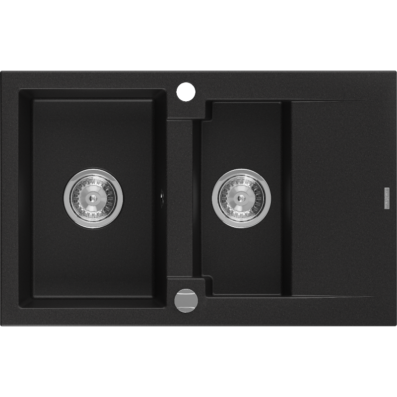 Mexen Gaspar granieten gootsteen 1,5-komor met afdruiprek 737 x 475 mm, zwart, chroom sifon - 6507731505-77