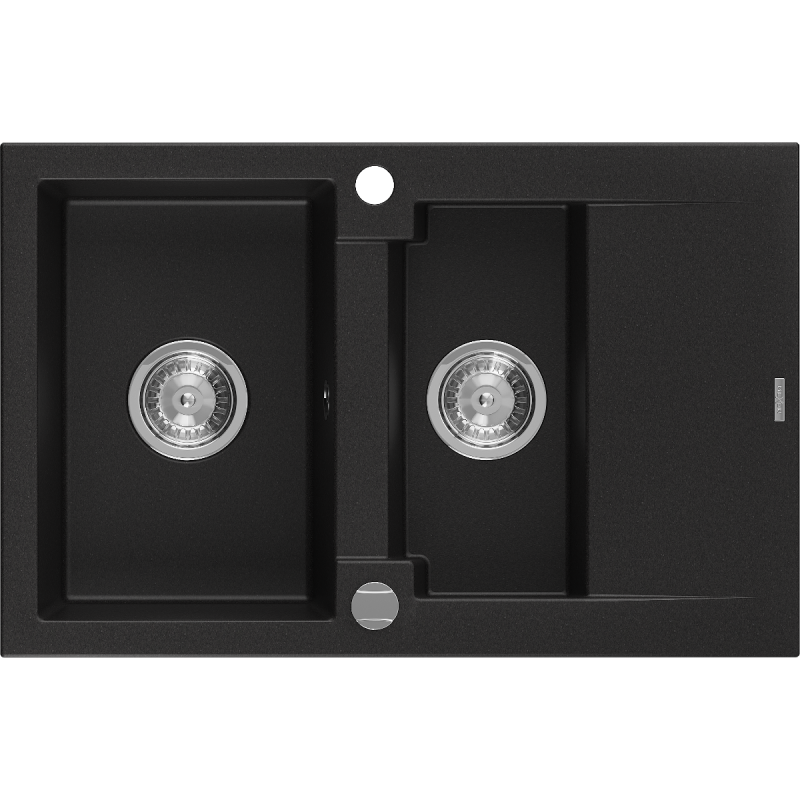 Mexen Gaspar lavello in granito 1,5 vasche con scolapiatti 737 x 475 mm, nero, sifone cromato - 6507731505-77