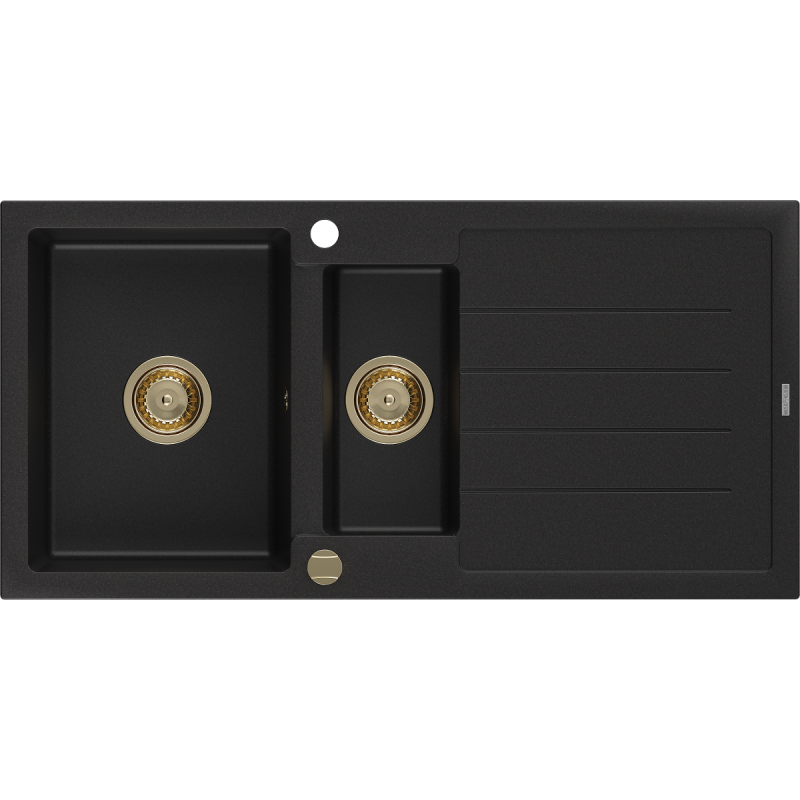 Mexen Andres Granitspüle 1,5-Becken mit Abtropffläche 1000 x 500 mm schwarz, Siphon gold - 6515101510-77-G