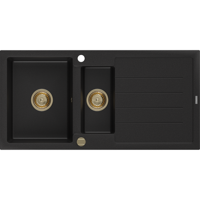 Mexen Andres Granitspüle 1,5-beckig mit Abtropffläche 1000 x 500 mm schwarz, Siphon gold - 6515101510-77-G