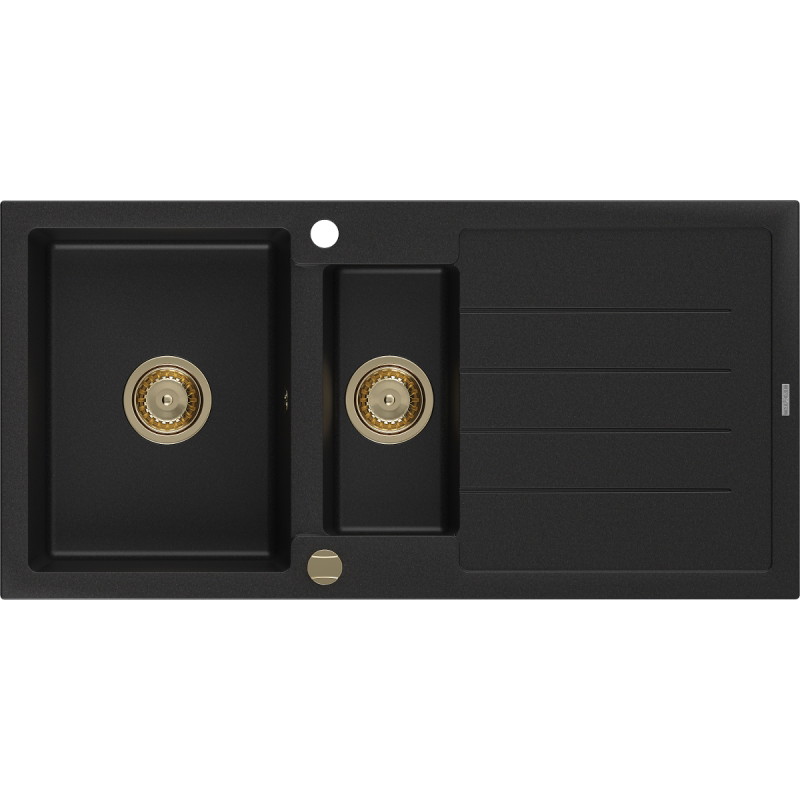 Mexen Andres Granitspüle 1,5-fach mit Abtropffläche 1000 x 500 mm schwarz, Siphon gold - 6515101510-77-G